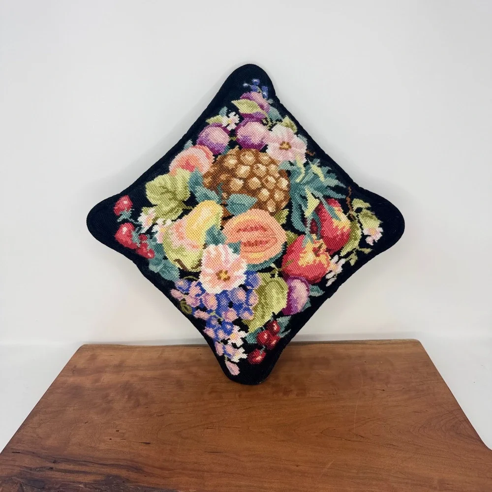 Vintage Fruit Floral Needlepoint Throw Pillow Black Wool Accent 10.5in Square